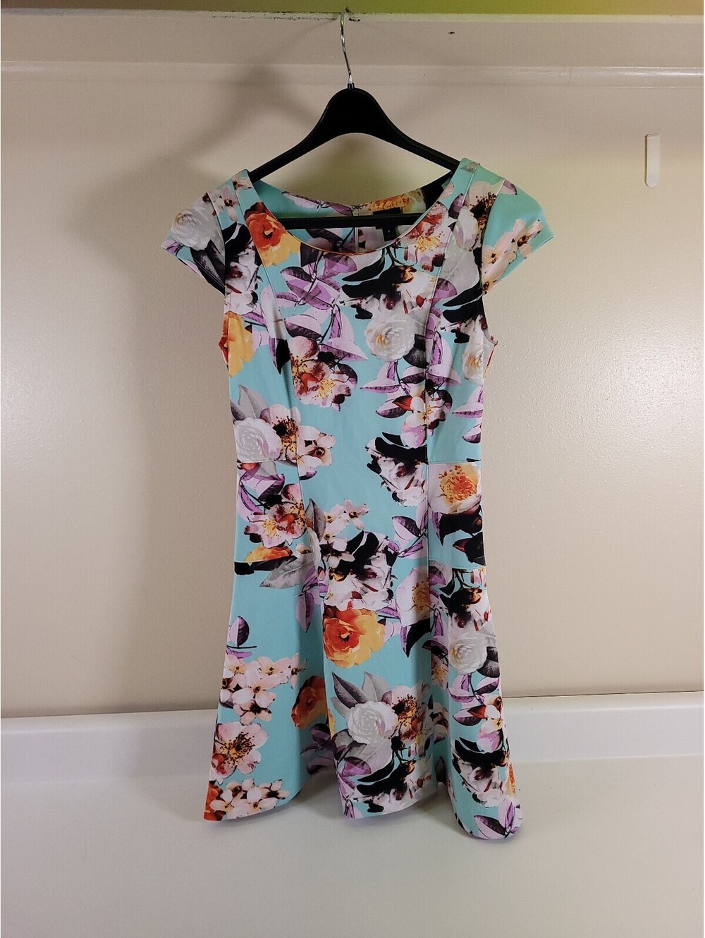 Worthington Floral Fit and Flare Dress Womens 4 Blue Cap Sleeve Garden Party